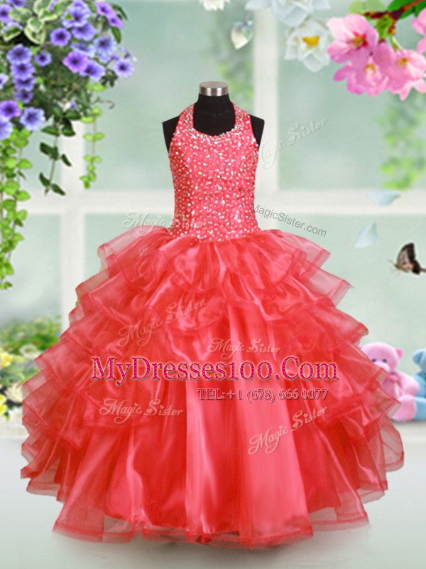 Hot Selling Watermelon Red Lace Up Halter Top Beading and Ruffled Layers Little Girls Pageant Dress Wholesale Organza Sleeveless