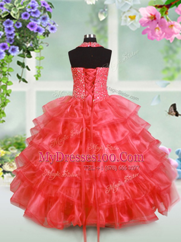 Hot Selling Watermelon Red Lace Up Halter Top Beading and Ruffled Layers Little Girls Pageant Dress Wholesale Organza Sleeveless