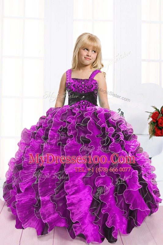 Straps Sleeveless Organza Girls Pageant Dresses Beading and Ruffles Lace Up