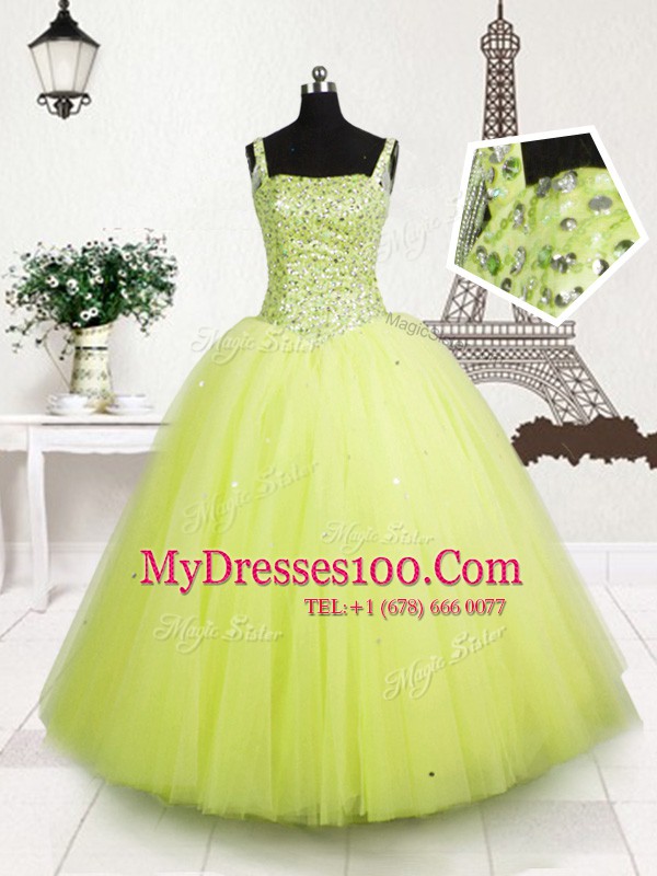 Sequins Yellow Green Sleeveless Tulle Lace Up Little Girl Pageant Dress for Party and Wedding Party