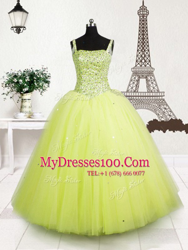Sequins Yellow Green Sleeveless Tulle Lace Up Little Girl Pageant Dress for Party and Wedding Party