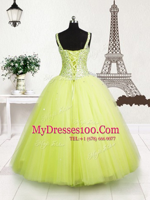 Sequins Yellow Green Sleeveless Tulle Lace Up Little Girl Pageant Dress for Party and Wedding Party