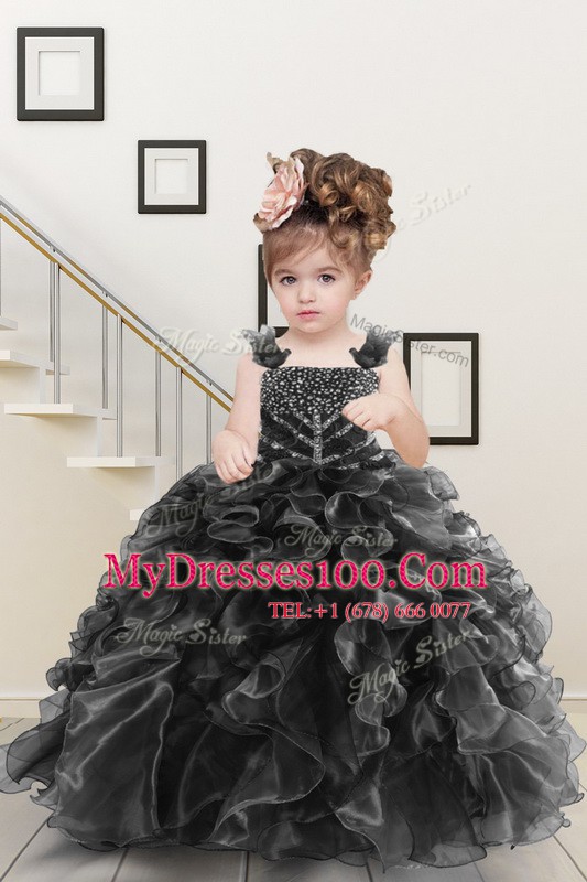 Black Sleeveless Beading and Ruffles Floor Length Little Girls Pageant Gowns