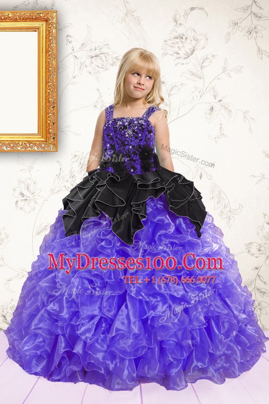 Floor Length Black and Purple Toddler Flower Girl Dress Straps Sleeveless Lace Up