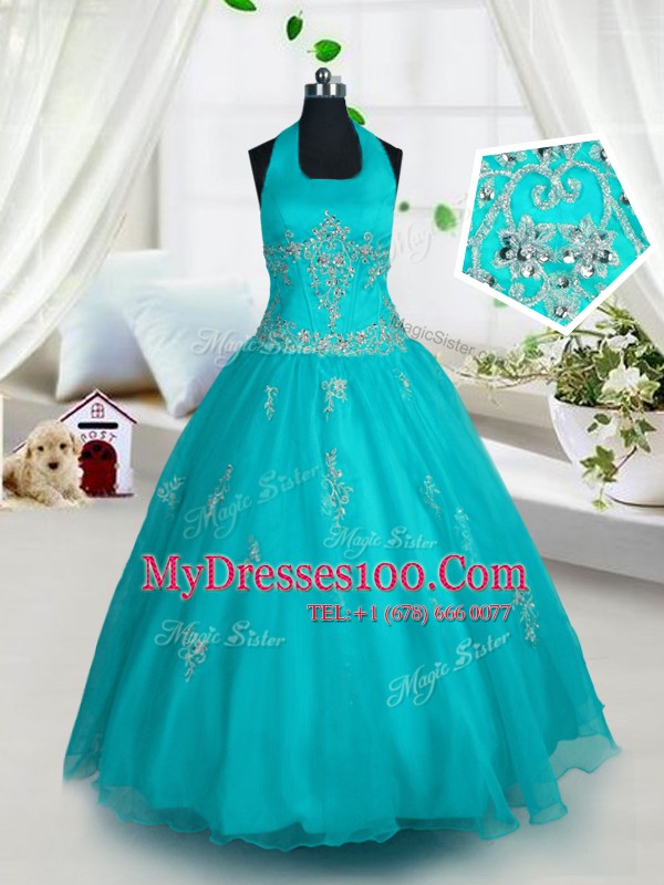 A-line Flower Girl Dress Aqua Blue Halter Top Tulle Sleeveless Floor Length Lace Up
