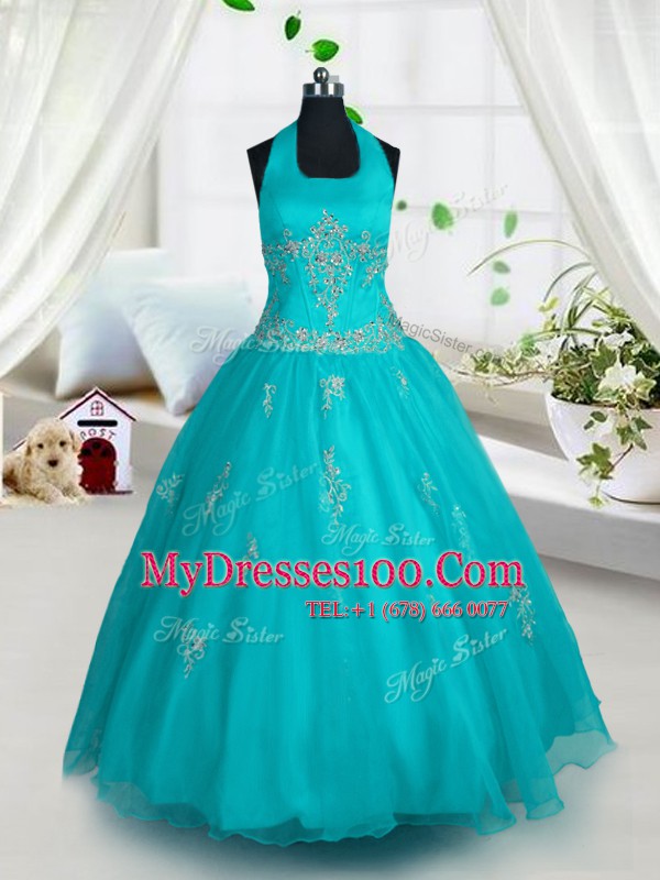 A-line Flower Girl Dress Aqua Blue Halter Top Tulle Sleeveless Floor Length Lace Up
