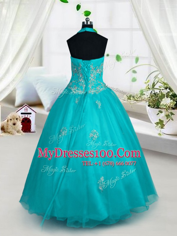 A-line Flower Girl Dress Aqua Blue Halter Top Tulle Sleeveless Floor Length Lace Up