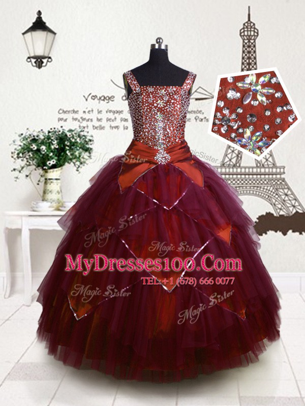 Floor Length Fuchsia Flower Girl Dresses Tulle Sleeveless Beading and Belt