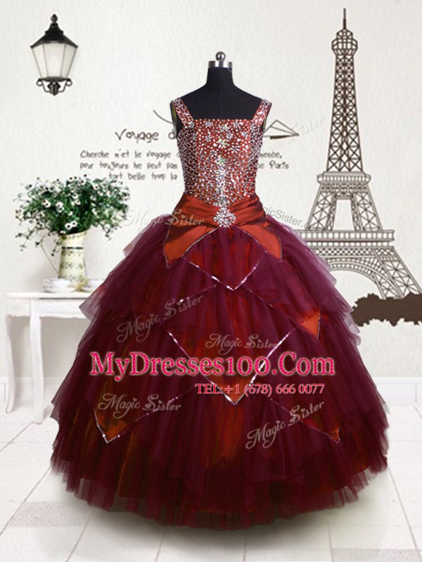 Floor Length Fuchsia Flower Girl Dresses Tulle Sleeveless Beading and Belt