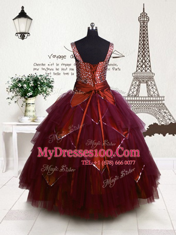 Floor Length Fuchsia Flower Girl Dresses Tulle Sleeveless Beading and Belt