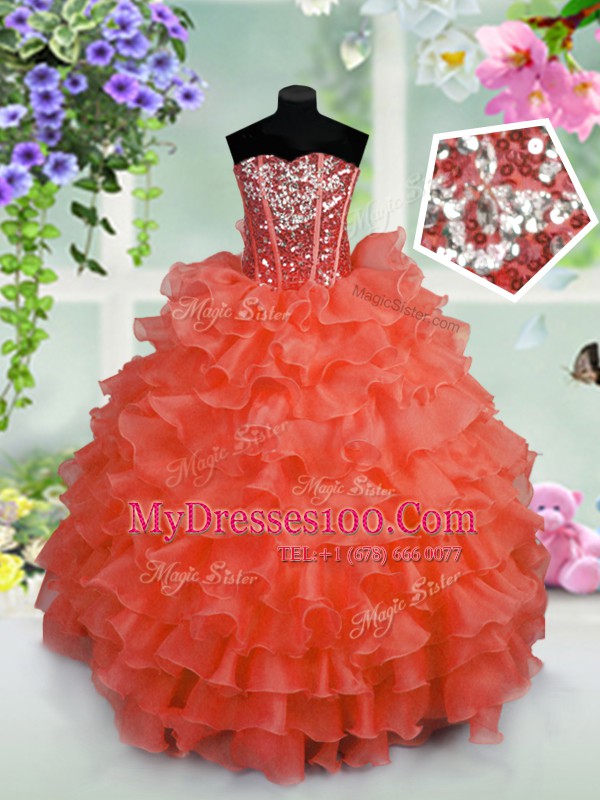 Coral Red Lace Up Pageant Gowns For Girls Ruffled Layers and Sequins Sleeveless Floor Length