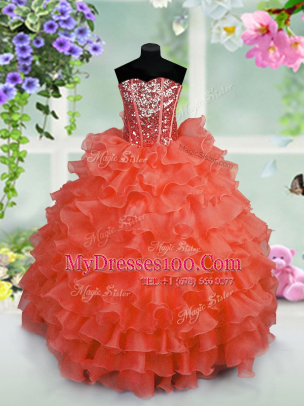 Coral Red Lace Up Pageant Gowns For Girls Ruffled Layers and Sequins Sleeveless Floor Length