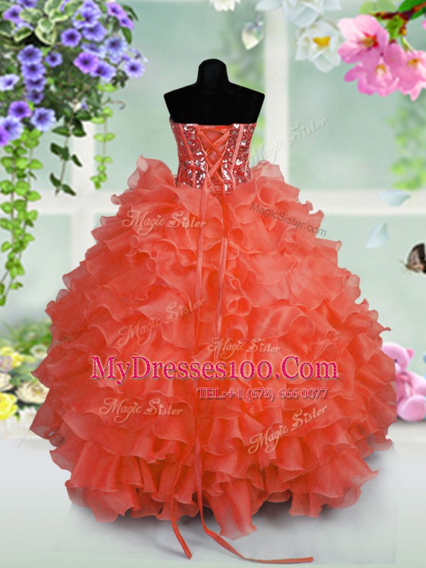 Coral Red Lace Up Pageant Gowns For Girls Ruffled Layers and Sequins Sleeveless Floor Length