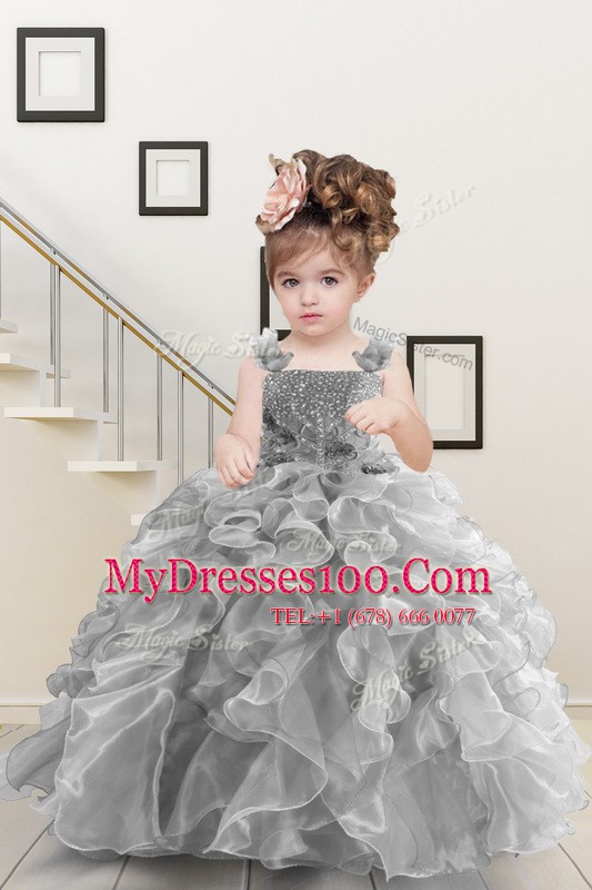 Discount Grey Straps Neckline Beading and Ruffles Pageant Gowns For Girls Sleeveless Lace Up