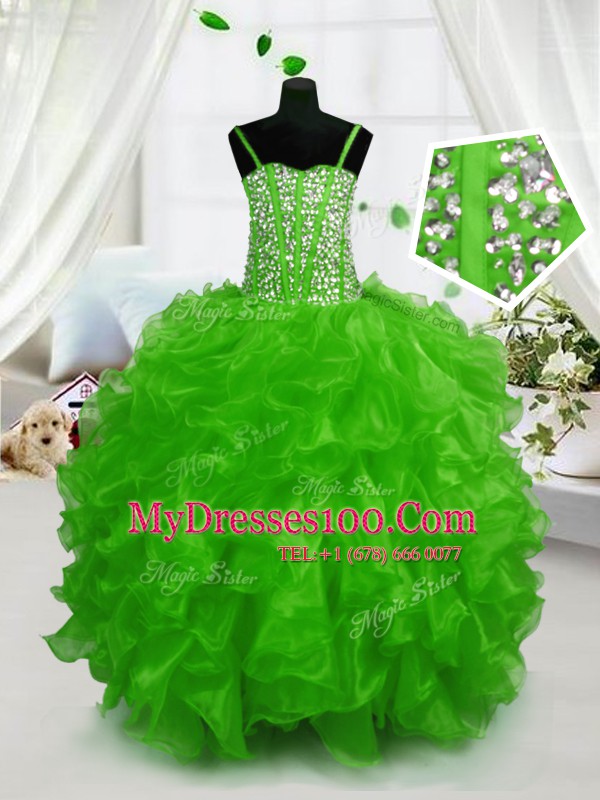 Green Lace Up Little Girl Pageant Gowns Beading and Ruffles Sleeveless Floor Length