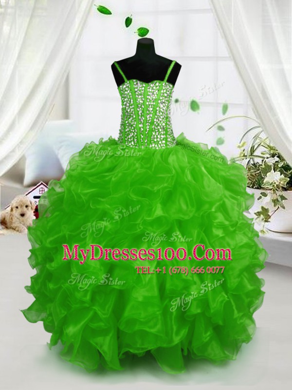 Green Lace Up Little Girl Pageant Gowns Beading and Ruffles Sleeveless Floor Length