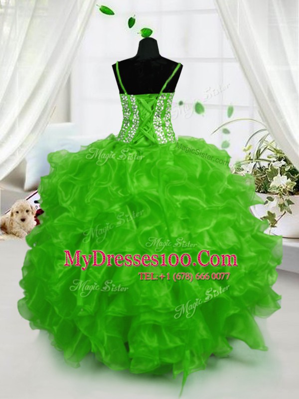 Green Lace Up Little Girl Pageant Gowns Beading and Ruffles Sleeveless Floor Length