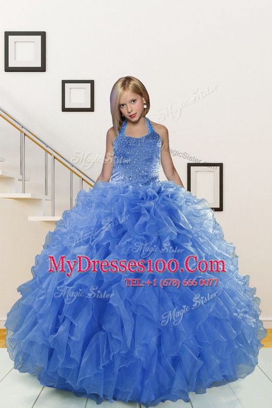 Superior Blue Halter Top Lace Up Beading and Ruffles Girls Pageant Dresses Sleeveless