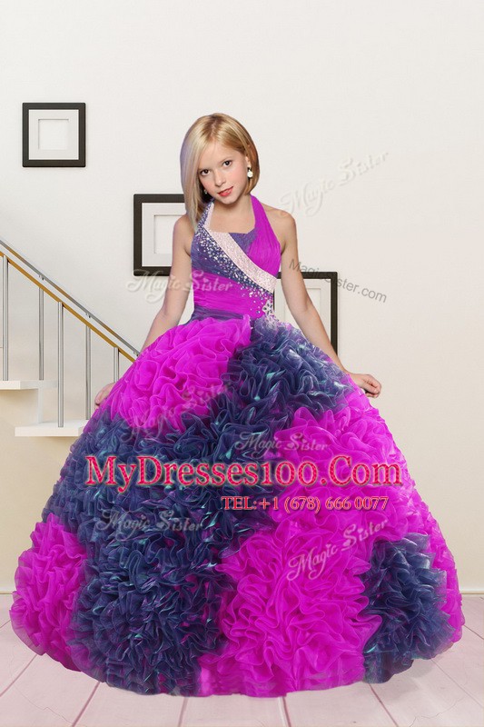 Halter Top Sleeveless Lace Up Floor Length Beading and Ruffles Toddler Flower Girl Dress