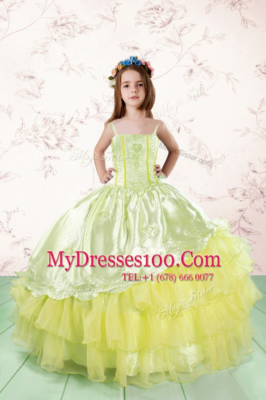 Enchanting Lace and Ruffled Layers Flower Girl Dresses Light Yellow Lace Up Sleeveless Floor Length