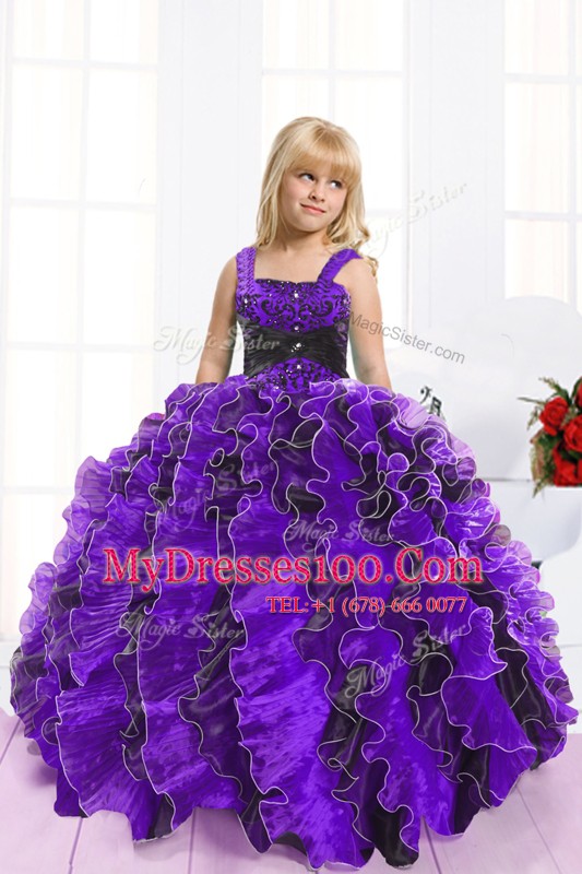 Great Floor Length Blue And Black Little Girls Pageant Gowns Straps Sleeveless Lace Up