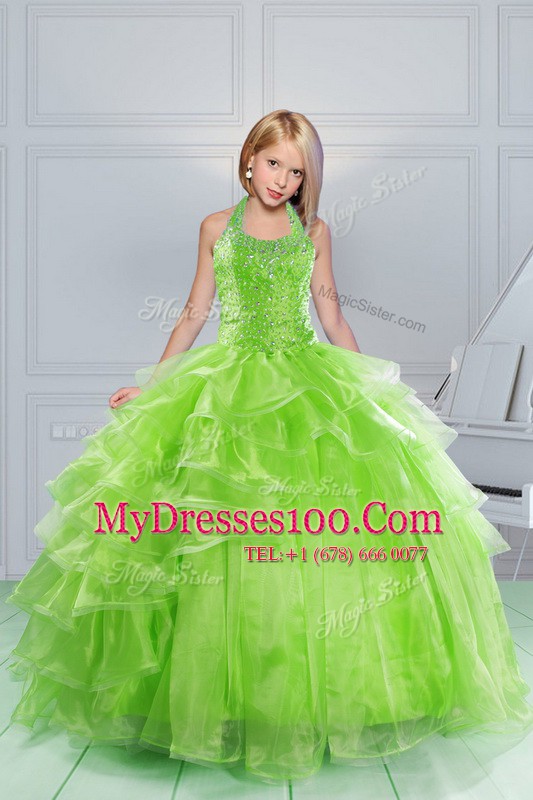 Luxurious Apple Green Ball Gowns Halter Top Sleeveless Organza Floor Length Lace Up Beading and Ruching Flower Girl Dresses for Less