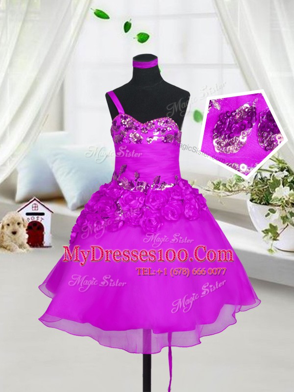 Sleeveless Organza Knee Length Lace Up Kids Pageant Dress in Fuchsia with Beading and Hand Made Flower
