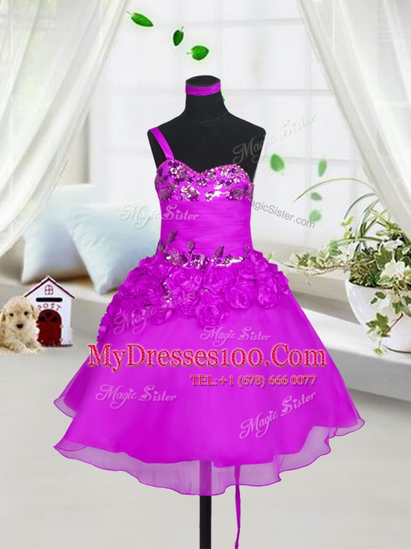 Sleeveless Organza Knee Length Lace Up Kids Pageant Dress in Fuchsia with Beading and Hand Made Flower