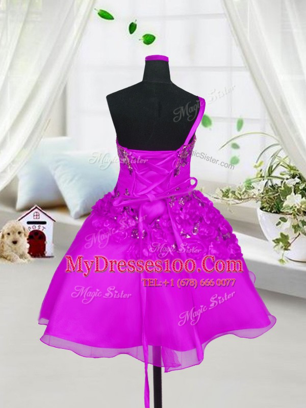Sleeveless Organza Knee Length Lace Up Kids Pageant Dress in Fuchsia with Beading and Hand Made Flower