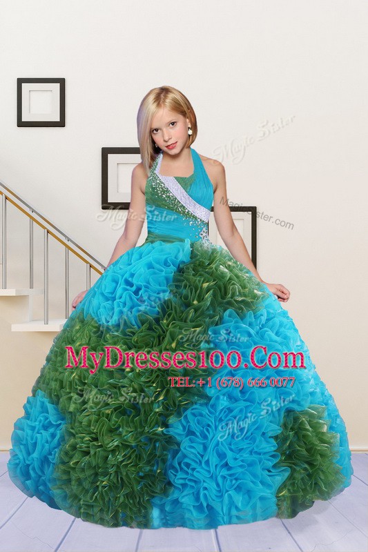 Pretty Halter Top Sleeveless Lace Up Floor Length Beading and Ruffles Little Girl Pageant Dress