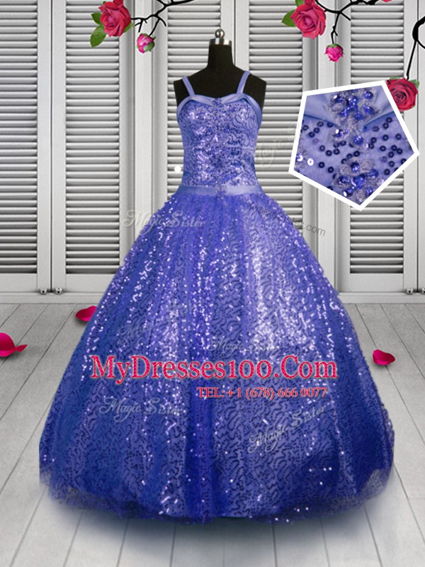 Pretty Blue Straps Neckline Beading and Sequins Flower Girl Dresses Sleeveless Lace Up