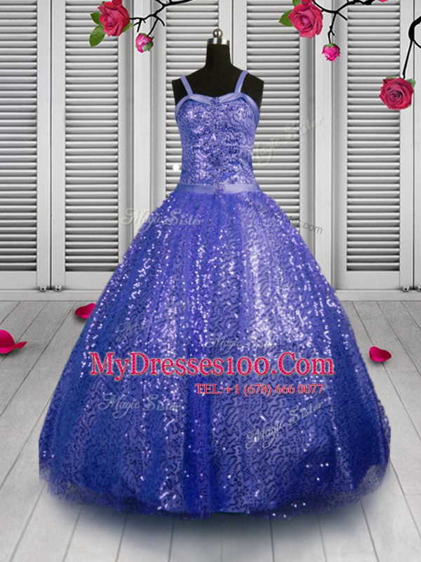 Pretty Blue Straps Neckline Beading and Sequins Flower Girl Dresses Sleeveless Lace Up