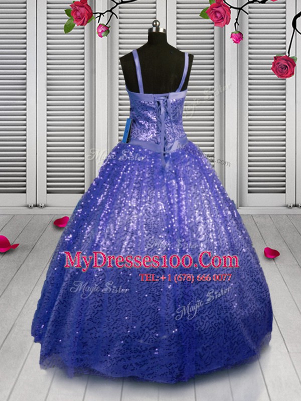 Pretty Blue Straps Neckline Beading and Sequins Flower Girl Dresses Sleeveless Lace Up