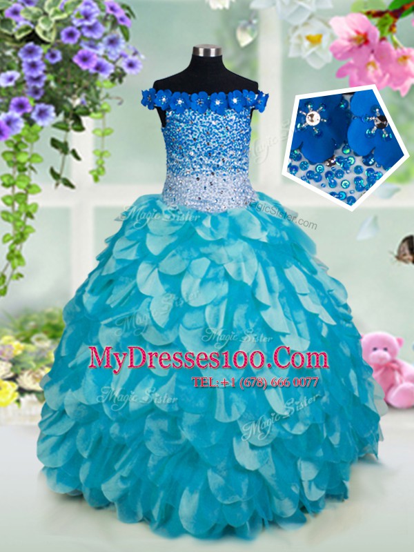 Gorgeous Off the Shoulder Beading and Sashes ribbons and Sequins Flower Girl Dresses Turquoise Lace Up Sleeveless Floor Length