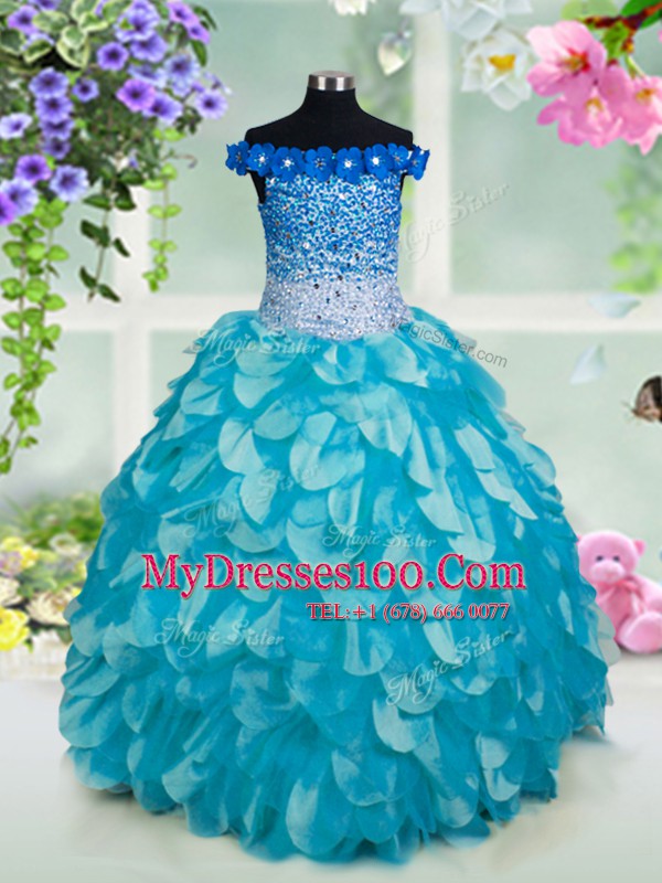 Gorgeous Off the Shoulder Beading and Sashes ribbons and Sequins Flower Girl Dresses Turquoise Lace Up Sleeveless Floor Length
