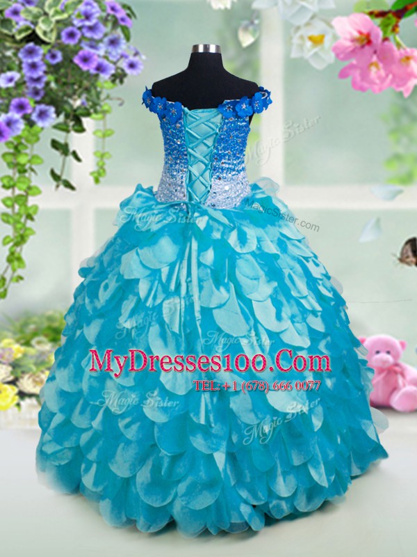 Gorgeous Off the Shoulder Beading and Sashes ribbons and Sequins Flower Girl Dresses Turquoise Lace Up Sleeveless Floor Length