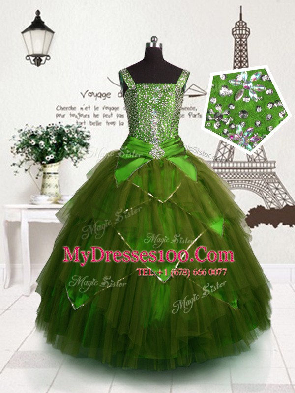 Olive Green Tulle Lace Up Flower Girl Dress Sleeveless Floor Length Beading and Belt