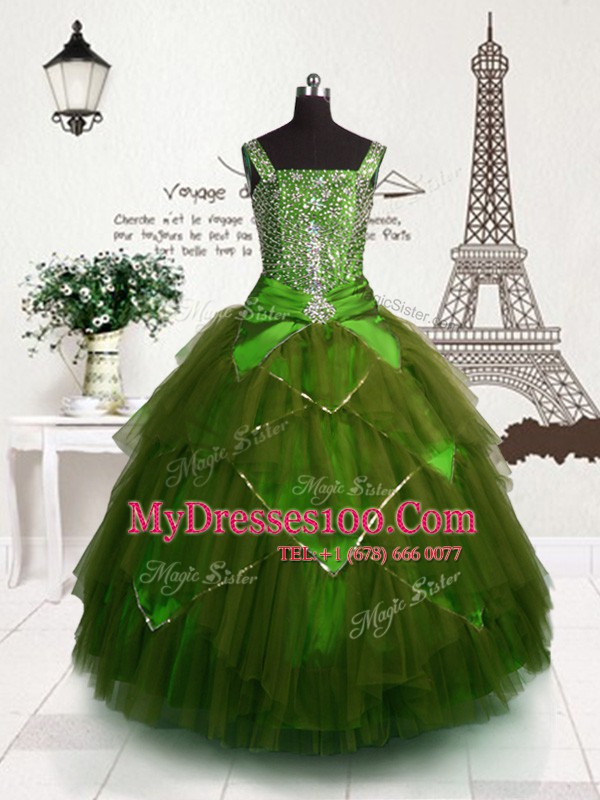 Olive Green Tulle Lace Up Flower Girl Dress Sleeveless Floor Length Beading and Belt