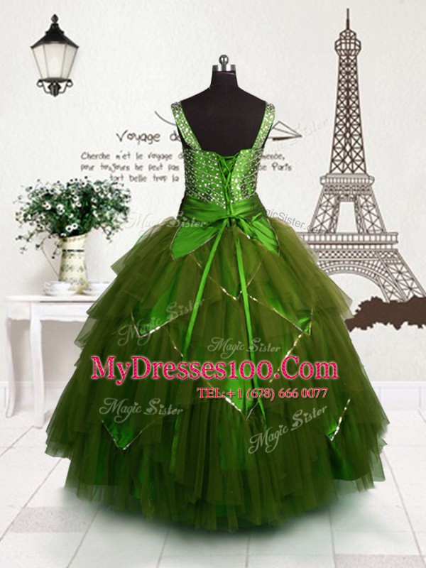 Olive Green Tulle Lace Up Flower Girl Dress Sleeveless Floor Length Beading and Belt