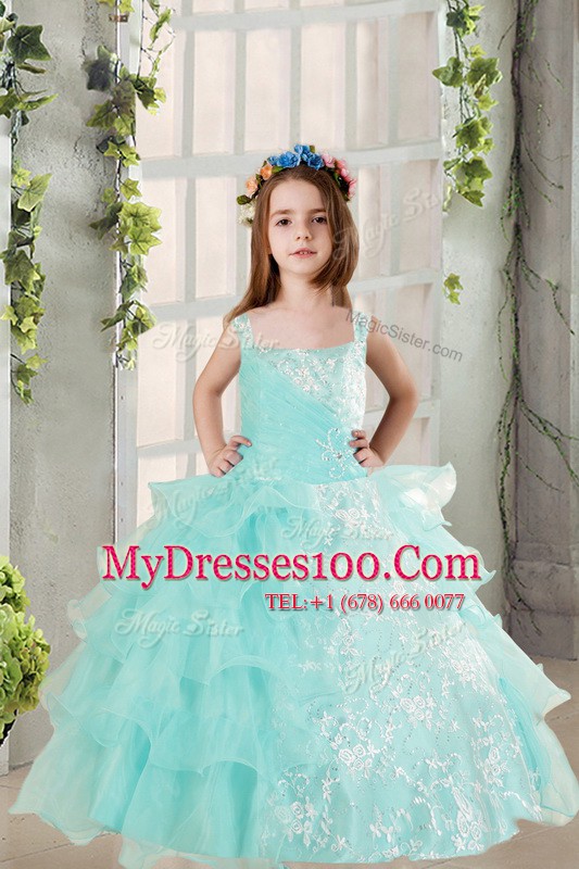 Glittering Light Blue Lace Up Square Lace and Ruffled Layers Flower Girl Dresses for Less Organza Sleeveless