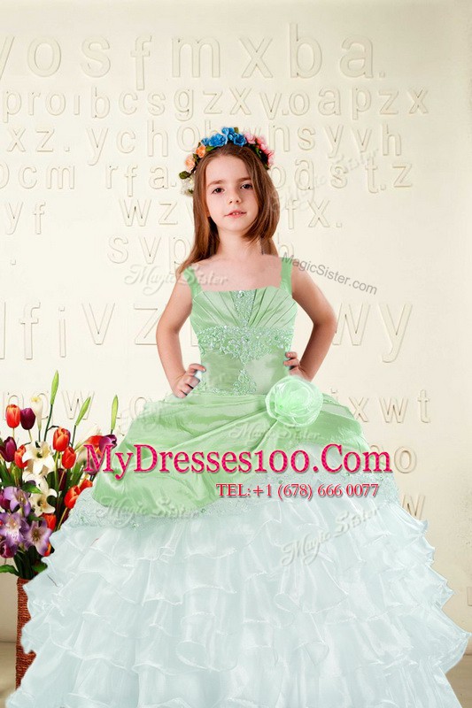 Apple Green Little Girls Pageant Dress Military Ball and Sweet 16 and Quinceanera and For with Beading and Ruffled Layers and Hand Made Flower Straps Sleeveless Lace Up