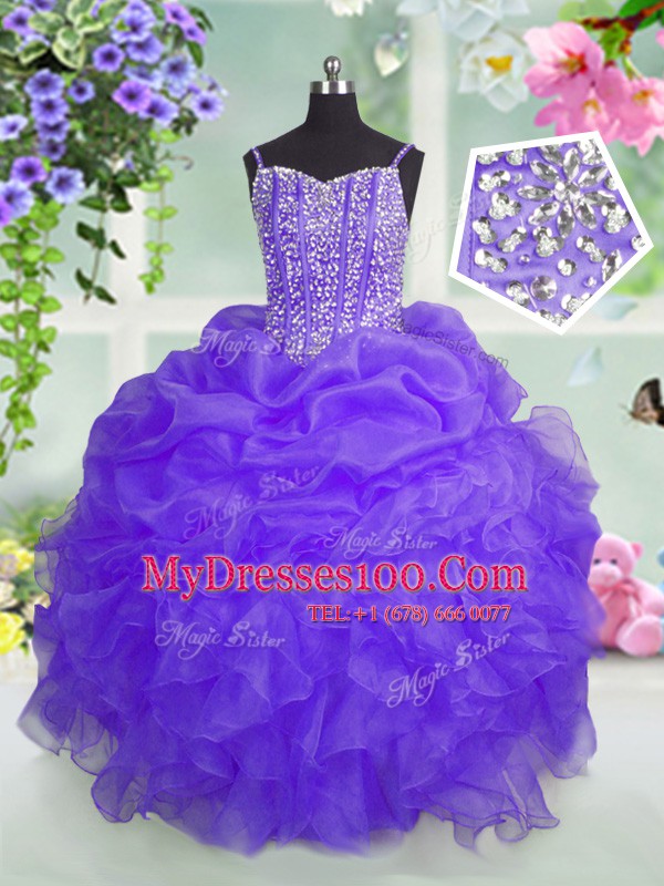 Fitting Spaghetti Straps Sleeveless Organza Little Girl Pageant Gowns Beading and Ruffles and Pick Ups Lace Up