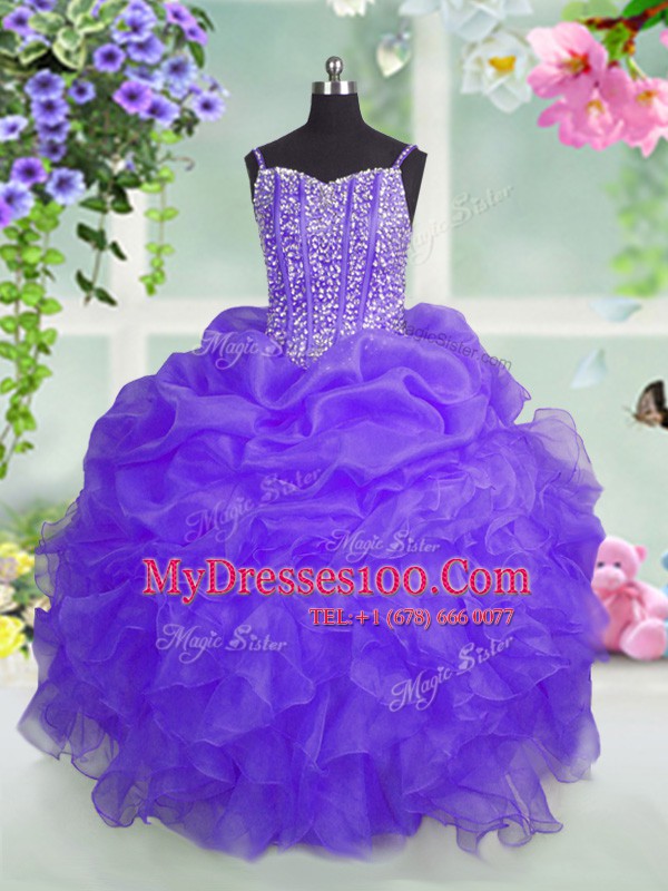 Fitting Spaghetti Straps Sleeveless Organza Little Girl Pageant Gowns Beading and Ruffles and Pick Ups Lace Up