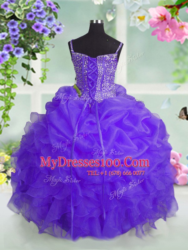 Fitting Spaghetti Straps Sleeveless Organza Little Girl Pageant Gowns Beading and Ruffles and Pick Ups Lace Up