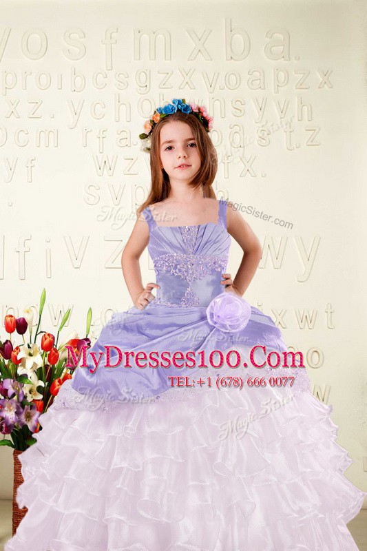 Flare Lavender Organza Lace Up Straps Sleeveless Floor Length Little Girl Pageant Gowns Beading and Ruffled Layers and Hand Made Flower