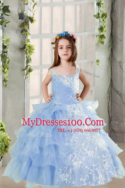 Artistic Long Sleeves Organza Floor Length Lace Up Flower Girl Dresses in Baby Blue with Lace and Ruffled Layers