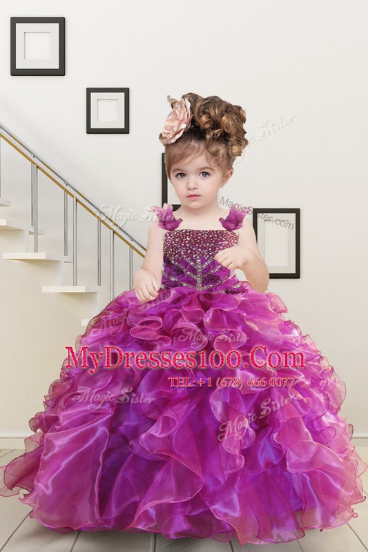 Mermaid Floor Length Fuchsia Little Girl Pageant Dress Organza Sleeveless Beading and Ruffles