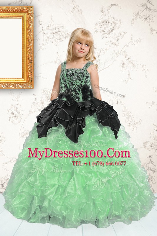 Extravagant Pick Ups Ball Gowns Little Girls Pageant Dress Apple Green Straps Organza Sleeveless Floor Length Lace Up