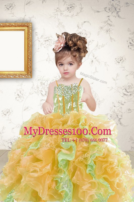 Best Selling Multi-color Organza Lace Up Flower Girl Dresses Sleeveless Floor Length Beading and Ruffles and Sequins
