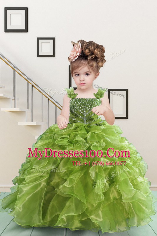 Hot Sale Olive Green Ball Gowns Straps Sleeveless Organza Floor Length Lace Up Beading and Ruffles Kids Formal Wear
